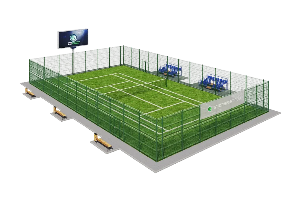 Комплект ПДТ-11: искусственная трава 20 мм, ограждение 2D высотой 4 метра и мобильные теннисные стойки для готового основания