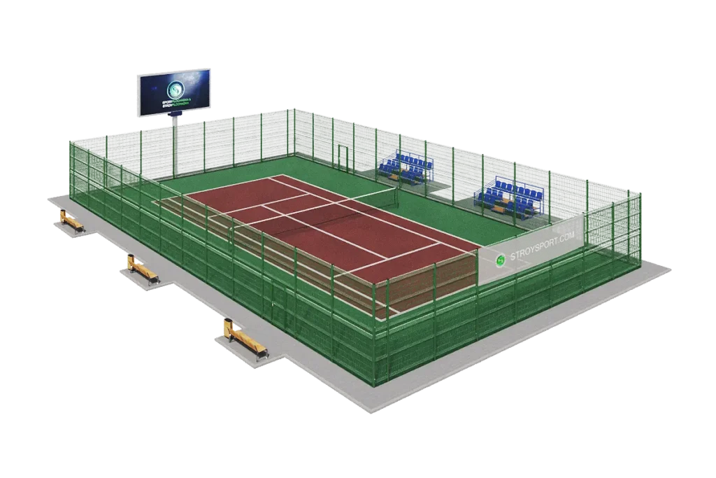 Профессиональное покрытие Lentus HARD ПДТ-31 9–11 слоёв на готовом бетонном основании, ITF Category 3, ограждение 3D